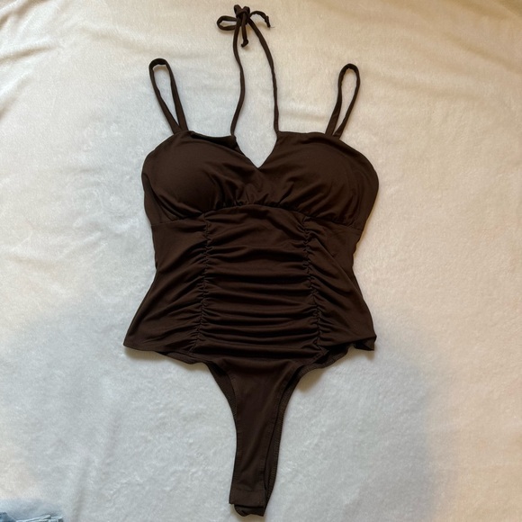 Brown ruched halter tank top bodysuit - Picture 1 of 3